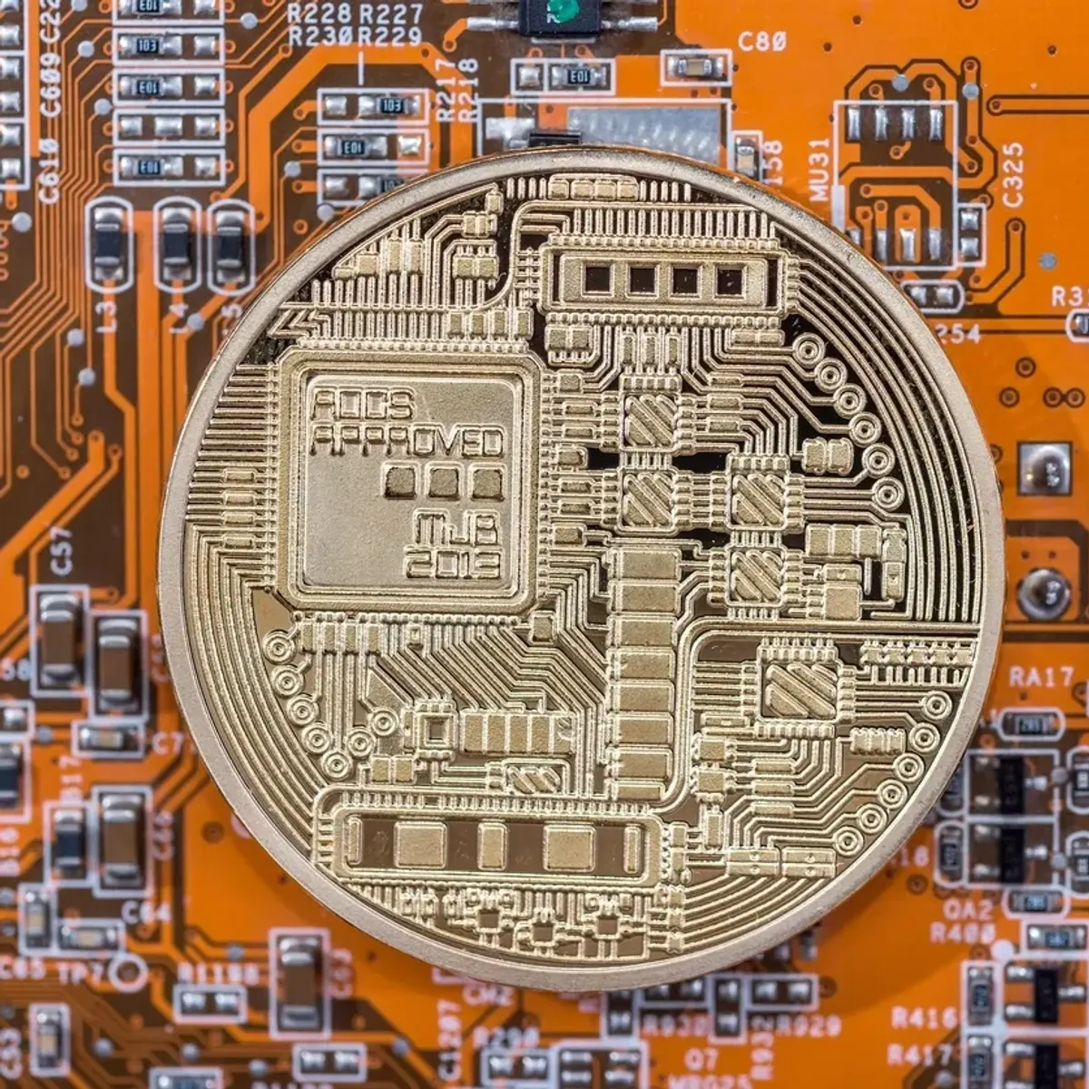 A metallic circuit-board coin resting on an electronic circuit board, representing GoodFi's digital infrastructure concept.