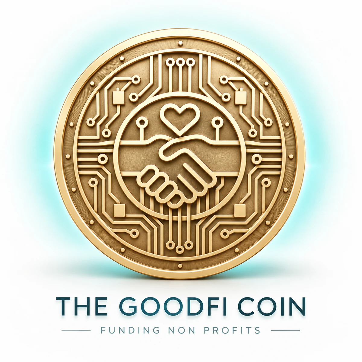 The GoodFi Coin, a gold coin featuring a handshake, heart, and circuit-board design, with the caption Funding Non Profits.
